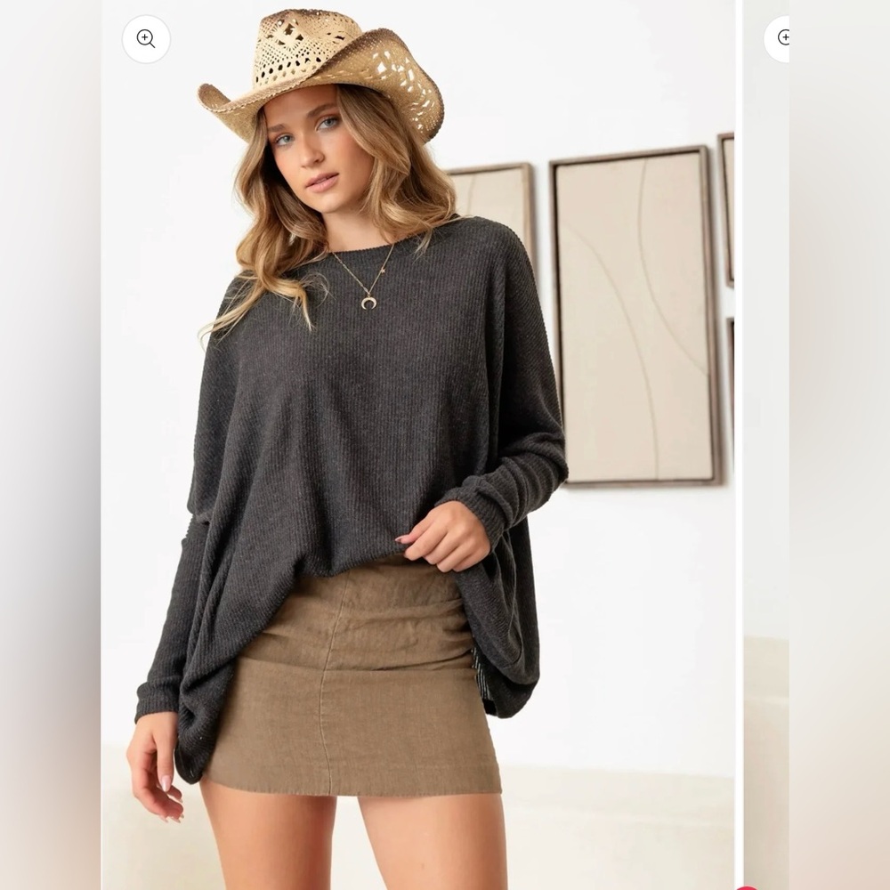 CHERISH FLANNEL DOLMAN LONG SLEEVE SOFT SWEATER CHARCOAL MD